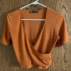 Zara orange cropped wrap v-neck top